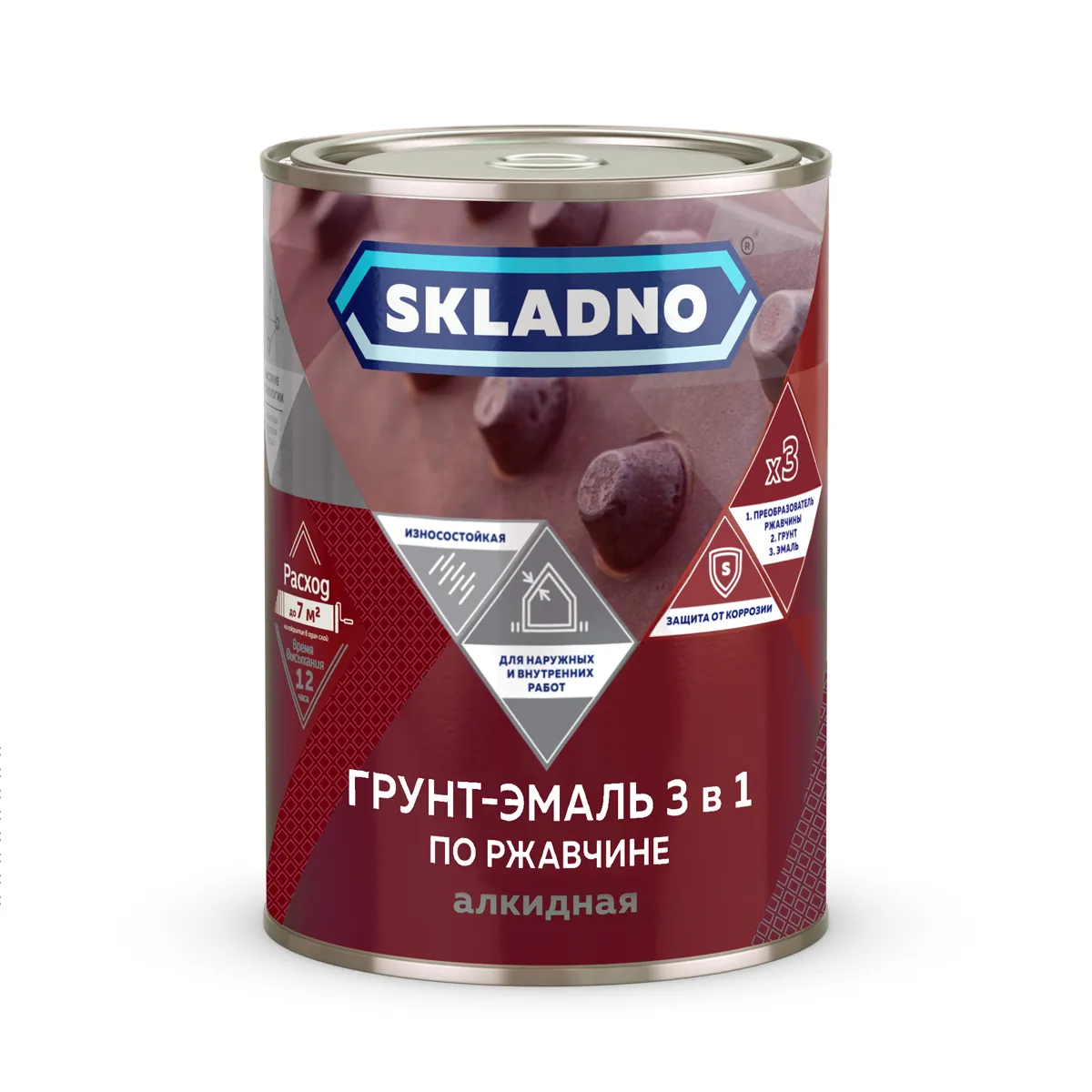 ГРУНТ- ЭМАЛЬ ПО РЖАВЧИНЕ "SKLADNO" 3 В 1 КРАСНЫЙ 1,8 КГ (1/6)