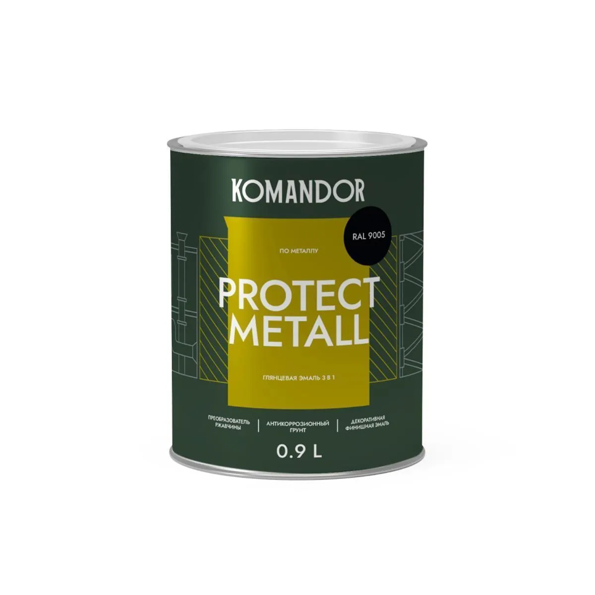 ГРУНТ-ЭМАЛЬ ПО РЖАВЧИНЕ 3 В 1 "PROTECT METALL" ГЛЯНЦЕВАЯ 0,9 Л ЧЕРНАЯ RAL 9005 (1/6) "KOMANDOR"