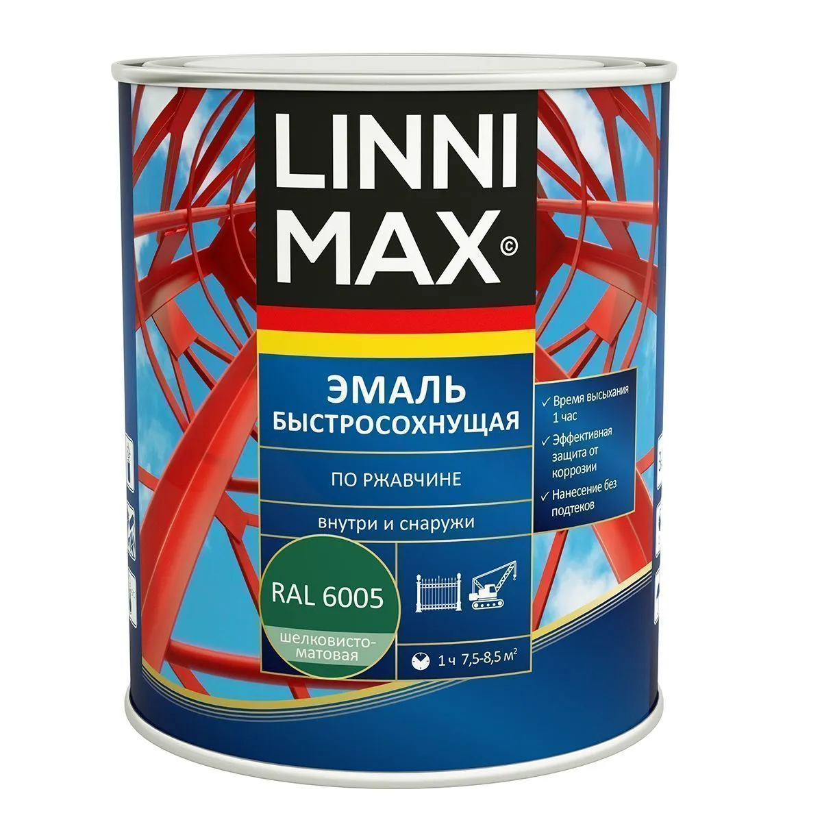 ГРУНТ- ЭМАЛЬ ПО РЖАВЧИНЕ БЫСТРОСОХН. ЗЕЛЕНАЯ (RAL 6005) 0,75 Л (1/6) "LINNIMAX"
