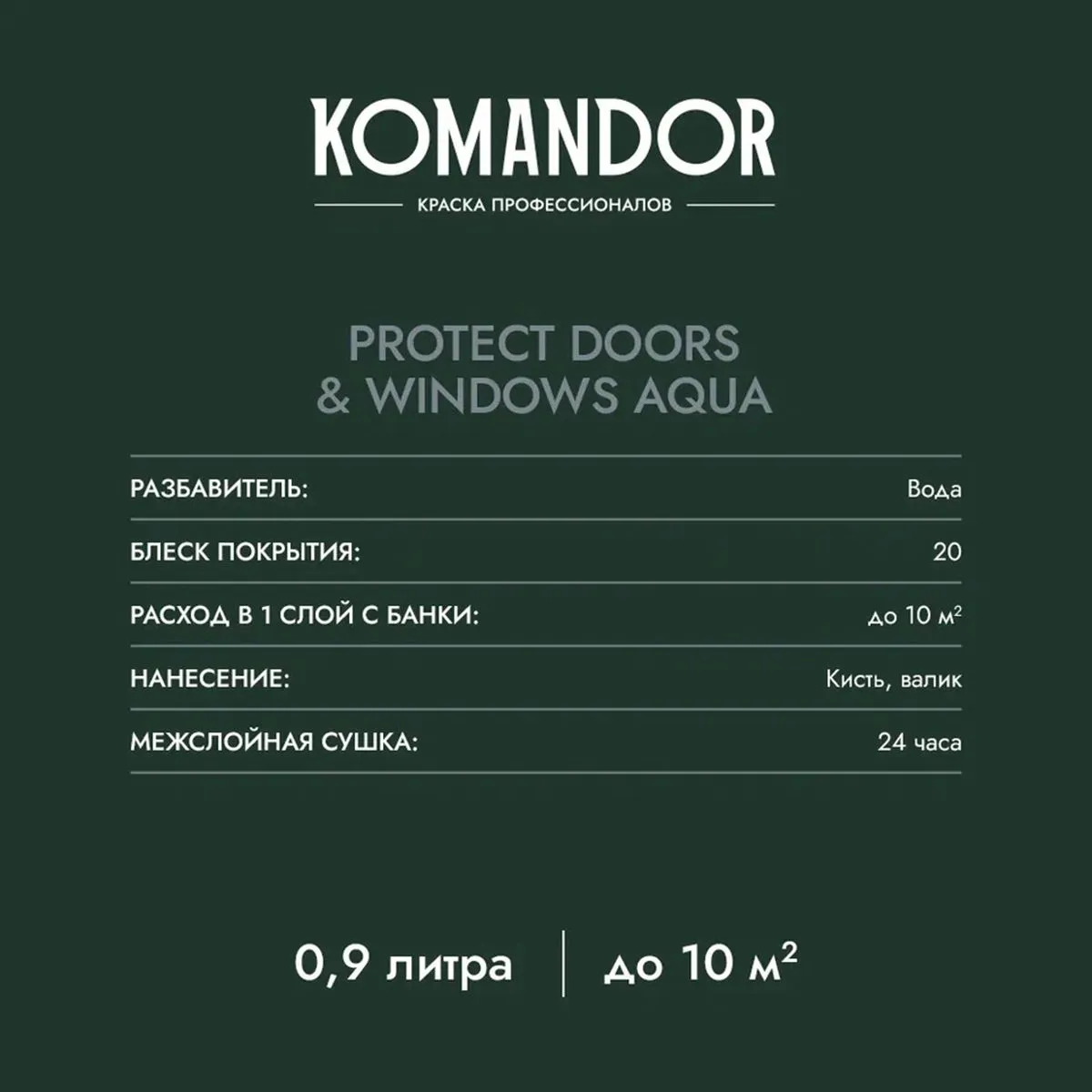 ЭМАЛЬ "PROTECT DOORS&WINDOWS AQUA" ДЛЯ ОКОН И ДВЕРЕЙ БАЗА C 0,9 Л (1/6) "KOMANDOR"