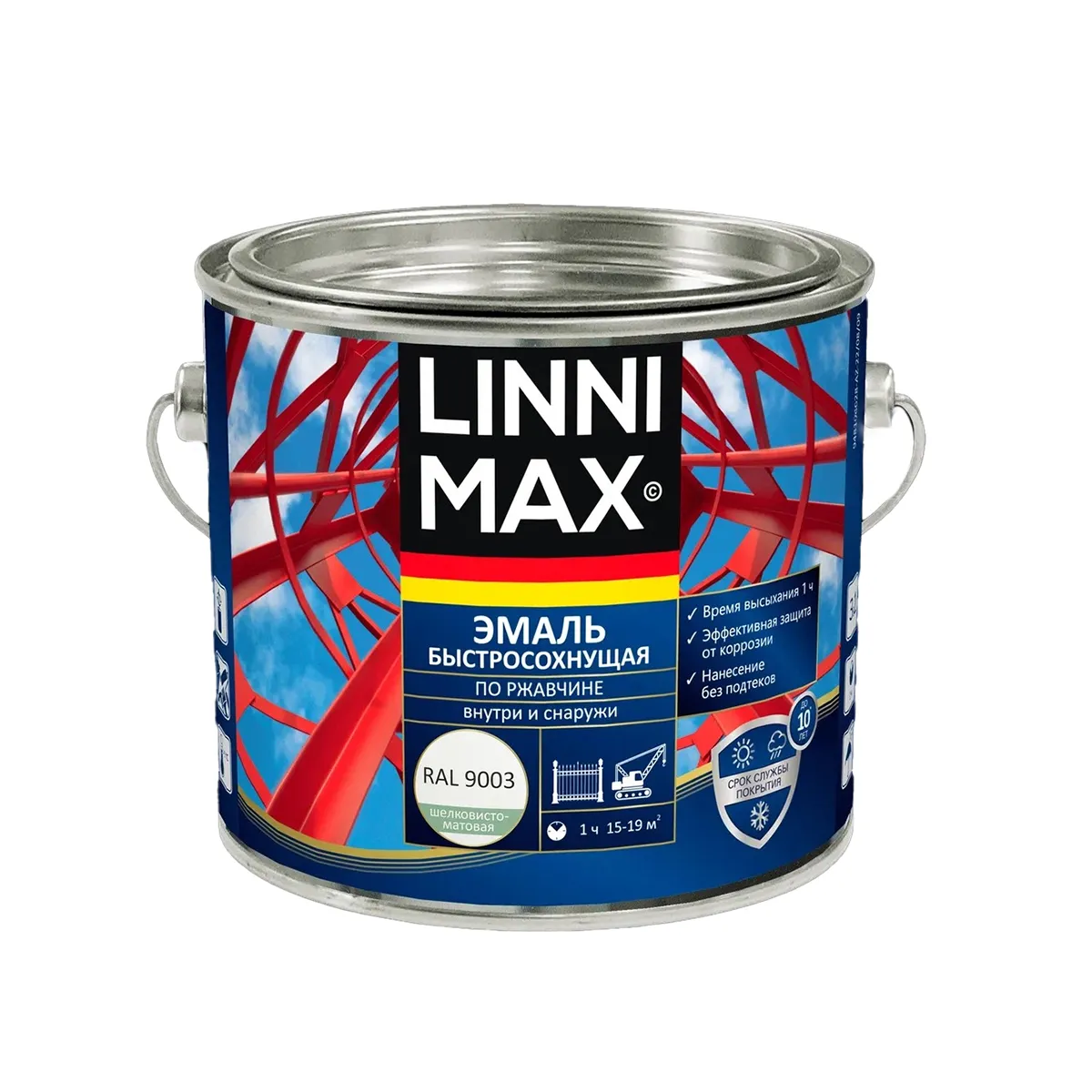 ГРУНТ- ЭМАЛЬ ПО РЖАВЧИНЕ БЫСТРОСОХН. БЕЛАЯ (RAL 9003) 1,6 Л (1/4) "LINNIMAX"
