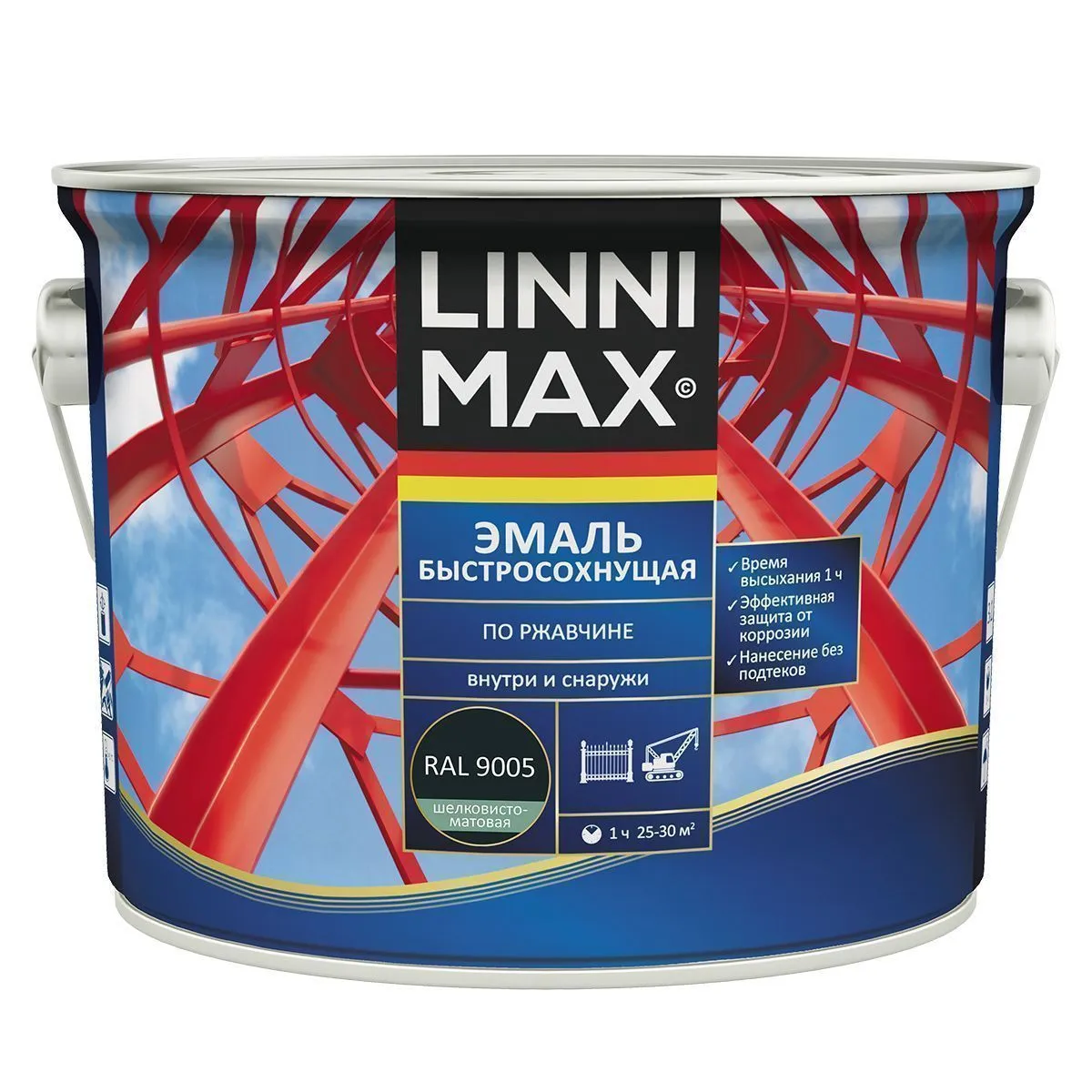 ГРУНТ- ЭМАЛЬ ПО РЖАВЧИНЕ БЫСТРОСОХН. ЧЕРНАЯ (RAL 9005) 2,5 Л (1/4) "LINNIMAX"