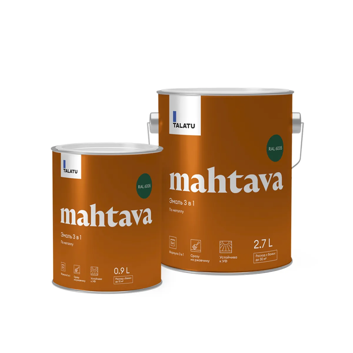 ГРУНТ-ЭМАЛЬ ПО РЖАВЧИНЕ 3 В 1 "MAHTAVA" ГЛЯНЦЕВАЯ 0,9 Л ЗЕЛЕНАЯ RAL 6005 (1/6) "TALATU"