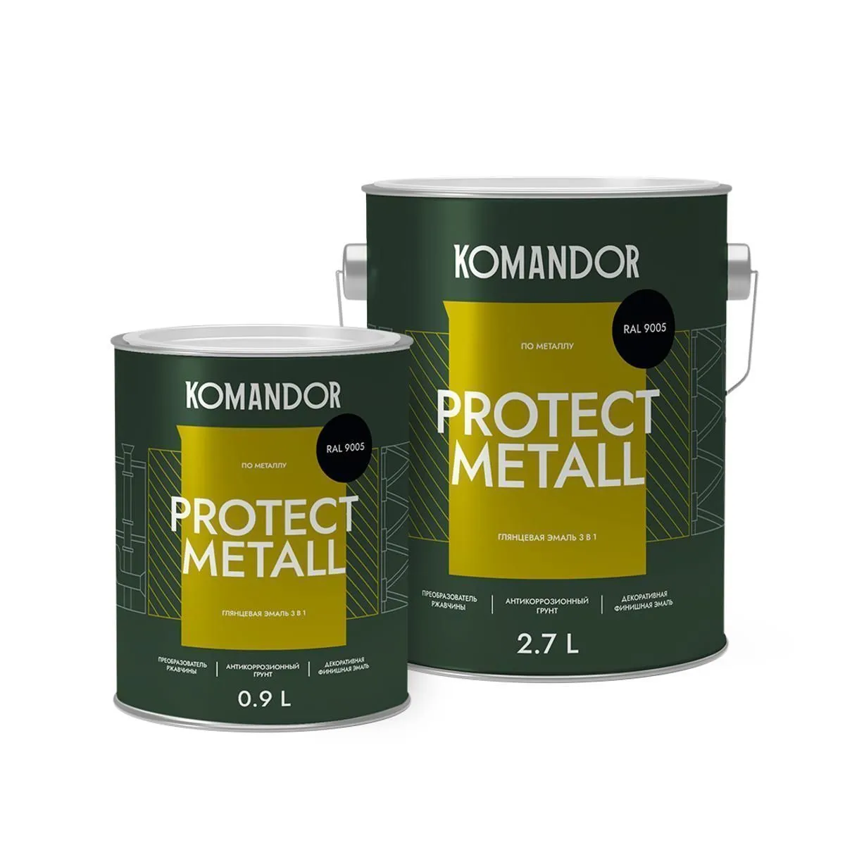 ГРУНТ-ЭМАЛЬ ПО РЖАВЧИНЕ 3 В 1 "PROTECT METALL" ГЛЯНЦЕВАЯ 2,7 Л ЧЕРНАЯ RAL 9005 (1) "KOMANDOR"