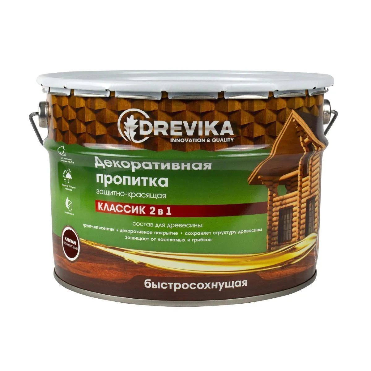 ПРОПИТКА ДЕКОРАТИВНАЯ "КЛАССИК 2 В 1" КАШТАН 9 Л (1) "DREVIKA"