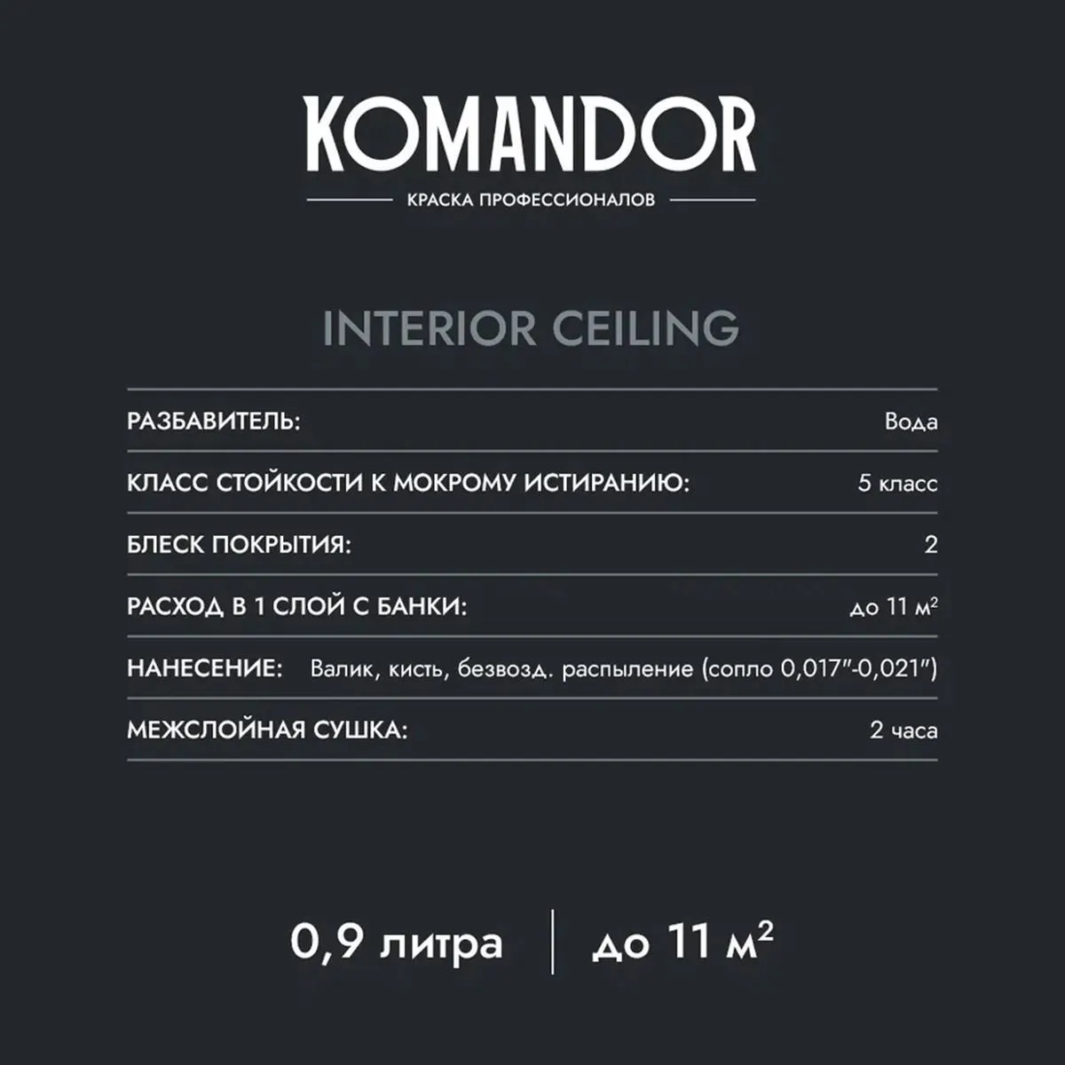 КРАСКА "INTERIOR CEILING" ДЛЯ ПОТОЛКОВ БЕЛАЯ 0,9 Л (1/6) "KOMANDOR"