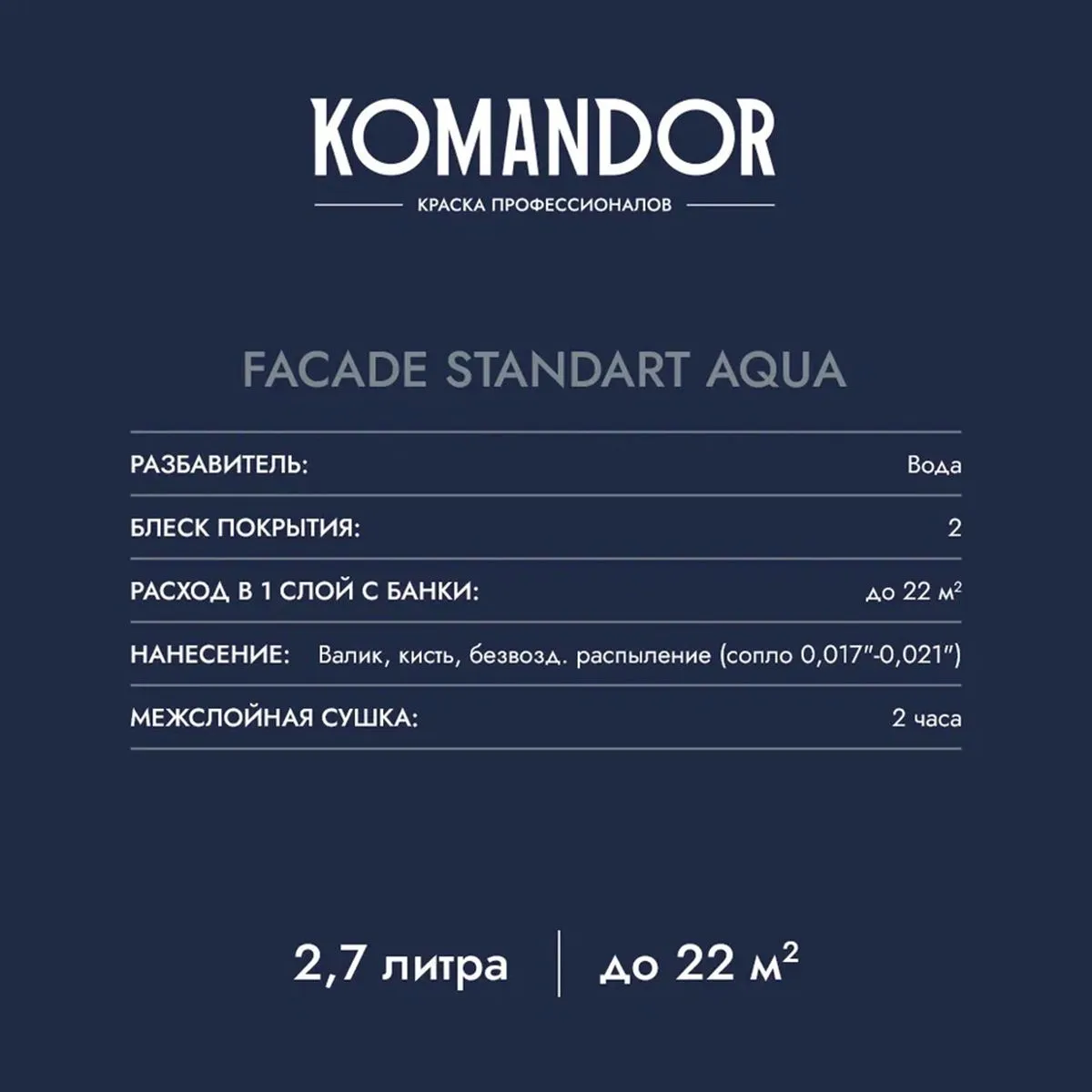 КРАСКА ФАСАДНАЯ "FACADE STANDART AQUA" АТМОСФЕРОСТОЙКАЯ БАЗА C 2,7 Л (1) "KOMANDOR"